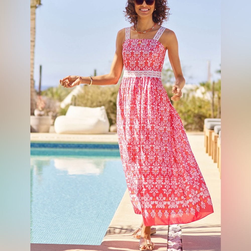 TALBOTS Cottage Boho Party 100% Cotton Floral Scroll Print Sundress Maxi SZ 18
